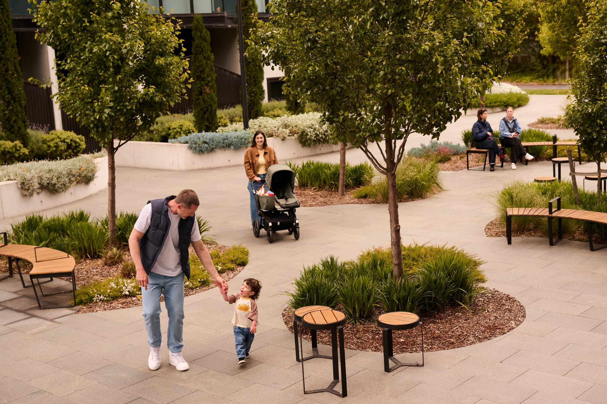 Family walking through buildings