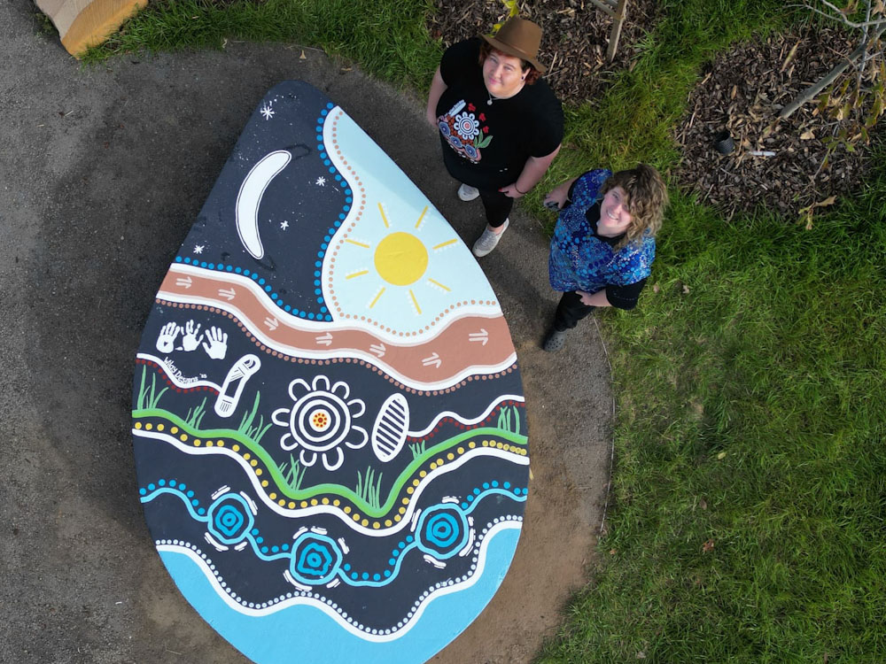 North Wright - Wilay Designs sky mural - 'Countries Guide' Two Ngunawal sisters and artists, Jazz and Kristal featured with their artwork representing Sky Country. The image is taken from above and looks down on to the painting which covers a concrete plinth in the shape of a teardrop. The plinth is around 2m x 1.5m and around 40cm high. Image features blues, greens, a sun and many Cultural story telling elements on a black background.